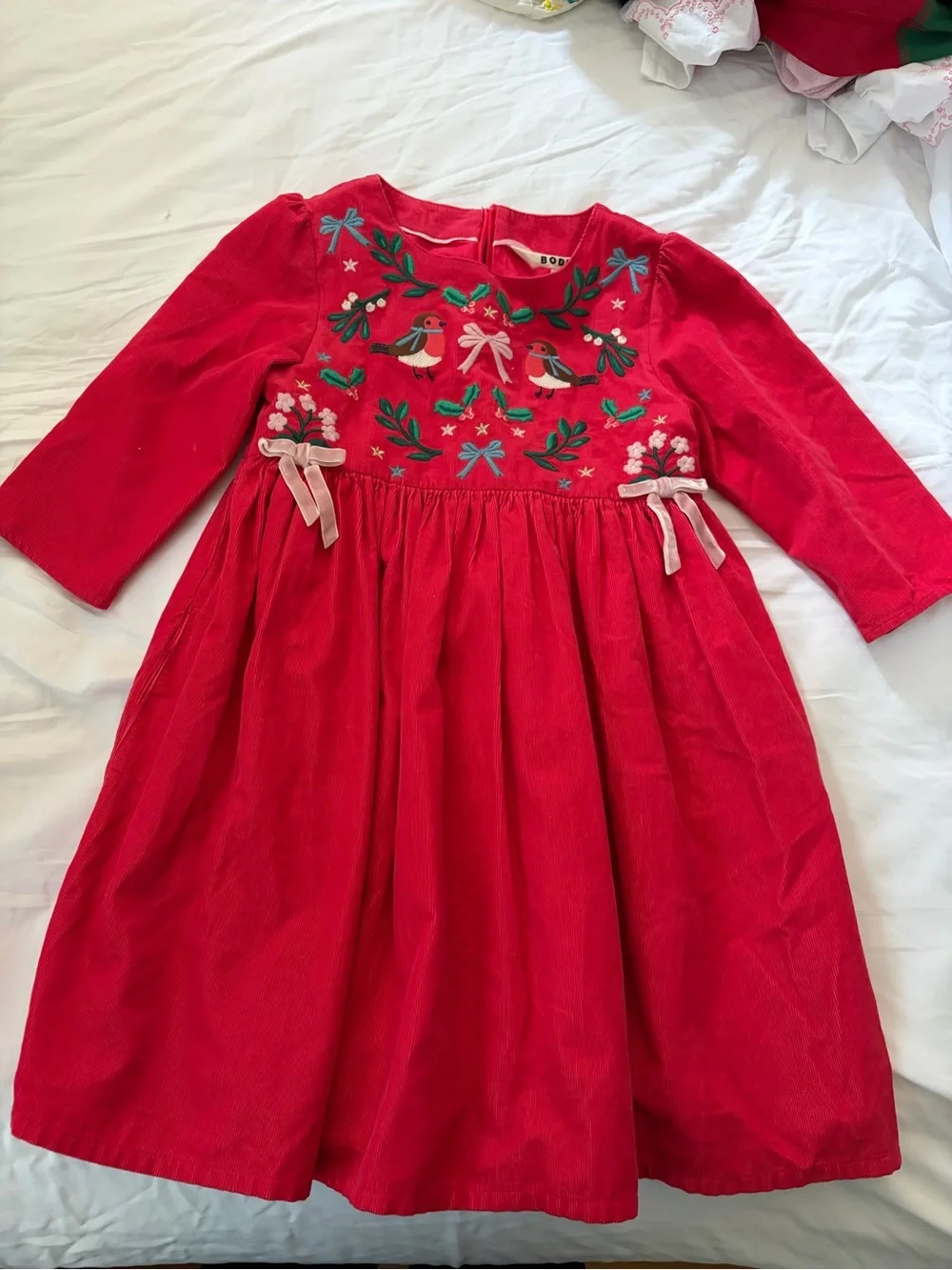 Mini Boden Red Corduroy Dress with Embroidered Robins and Bows